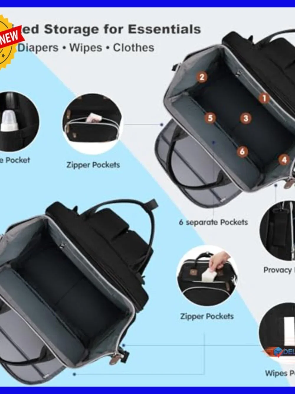 Large Diaper Backpack with Changing Pad, Laptop Compartment, USB Port
